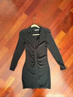 Abercrombie & Fitch Black Ruched Button-Front Long Sleeve Dress